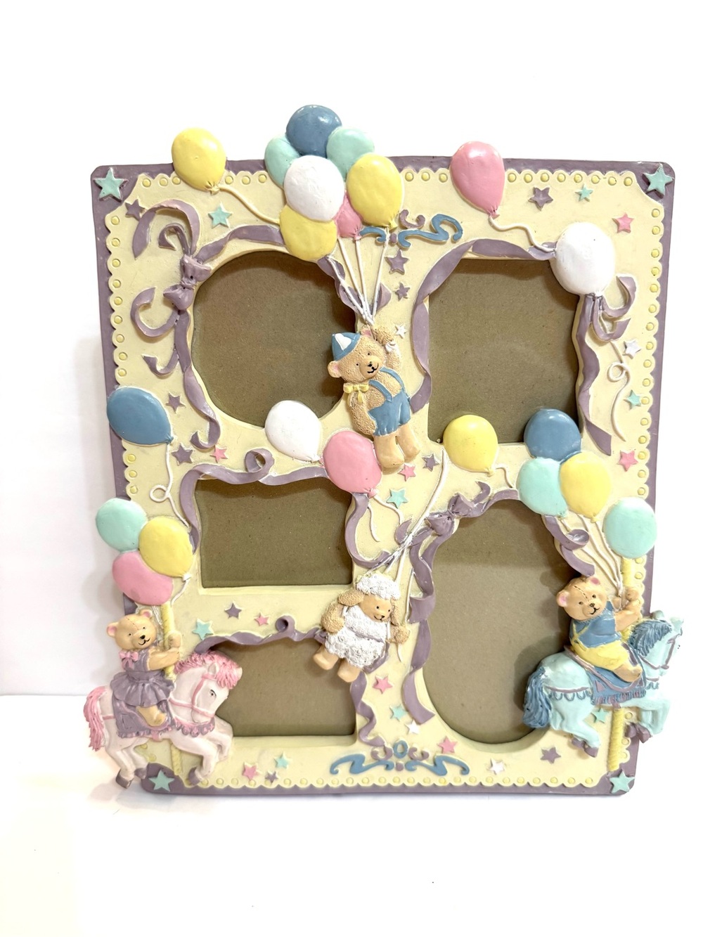 VTG 1992 Pastel 3D Resin Teddy Bear Carousel Nursery Picture Frame Baby Gift